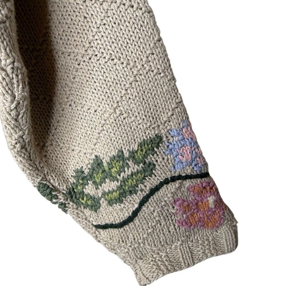 Vintage Rosanna Sweater Beige Floral Hand-knit Cotton Oversized Size L Slouchy - Picture 5 of 13